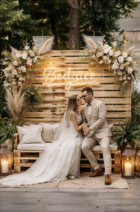 Photo représentant un couple assis sur des palettes et derrière eux un mur en palette aussi avec écriture lumineuse